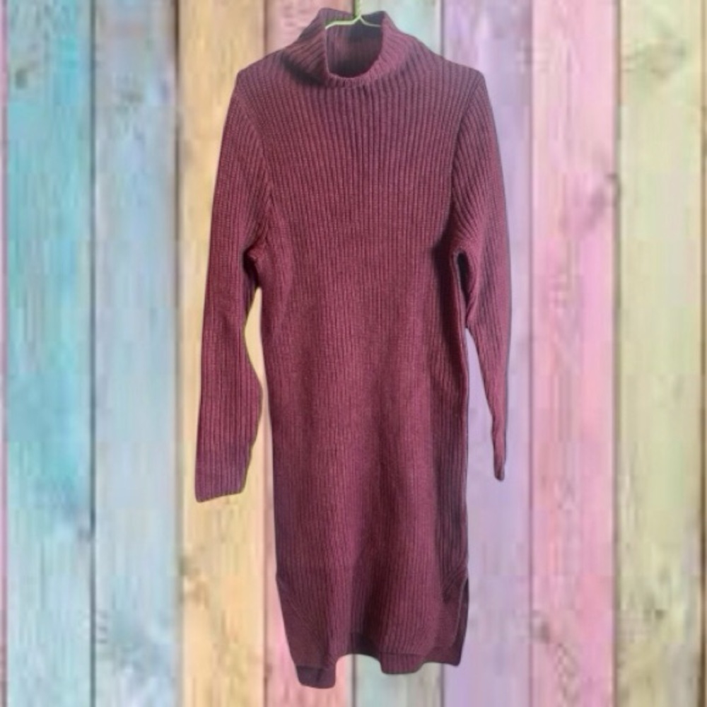 BP Maroon Purple Cable Knit Mock Neck Midi Sweater Dress
